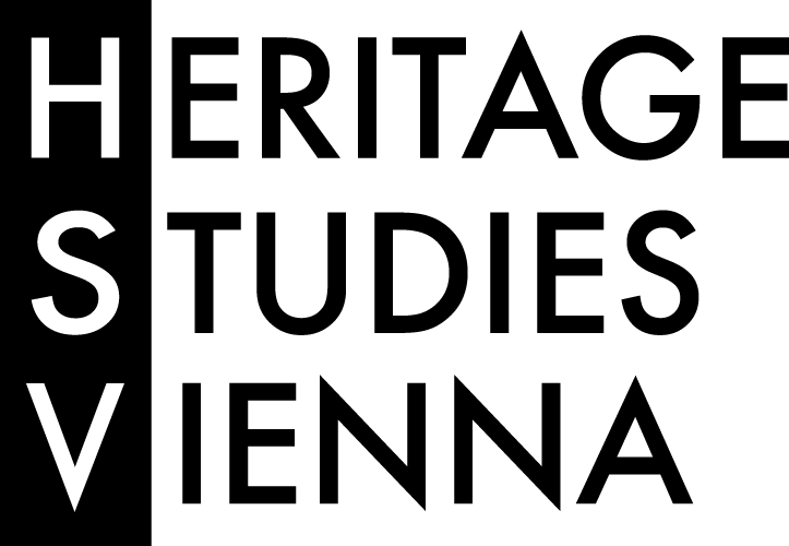 The logo reads Heritage Studies Vienna in black capital letters. Each word is on a different line. The first letter of each line is written in white and the three first letters - H, S and V - are connected by a vertical black rectangle.