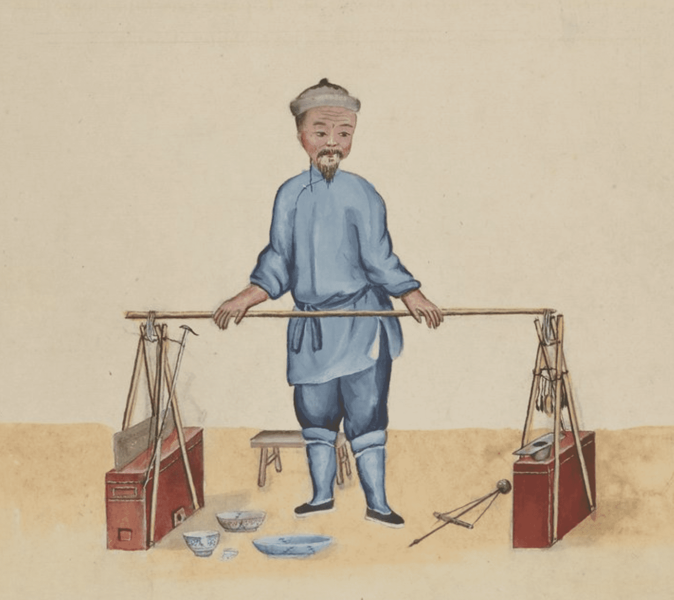 Eighteenth-century watercolor drawing of a ceramics repairer in a Beijing street. Source: ‘Streets of Peking: [drawing]. Digitisation of RESERVE OE-55 (A)-4’, volume II © BnF Gallica.